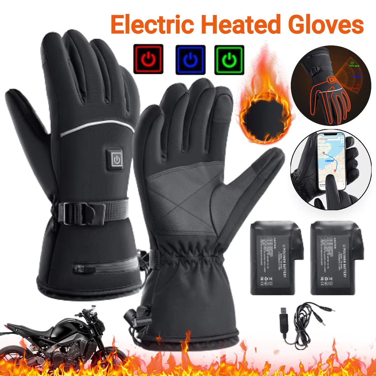 Motorcycle Heated Gloves Battery Powered Electric Heated Gloves Touch Screen Waterproof Thermal Heating Gloves for Outdoor Sport